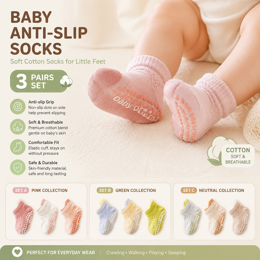Toddler Sock Set - Baby Anti-Rutsch-Socken 3er-Set, Weiche Atmungsaktive Baumwollsocken