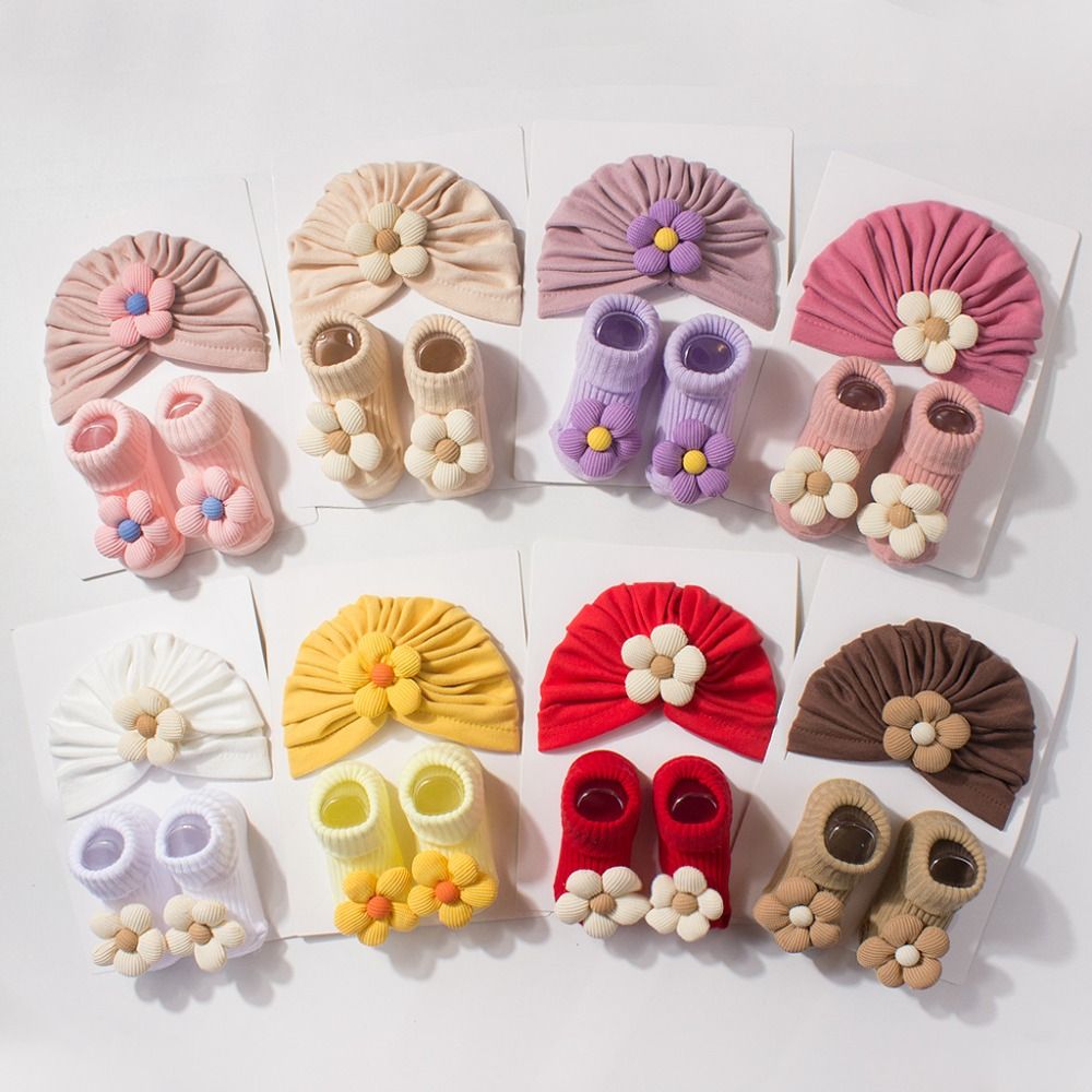Toddler Sock Set - Süßes Großblumen-Baby-Mützen-Socken-Set Weiche Strickmütze mit Rutschfesten
